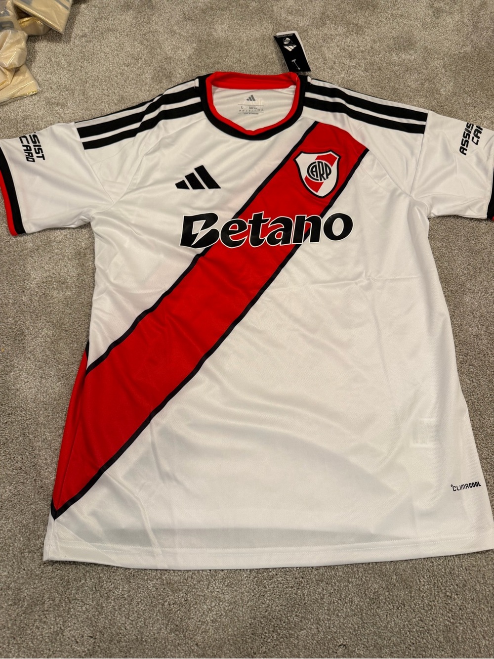 adidas White and Red River Plate Soccer Jersey with Black Accents size large